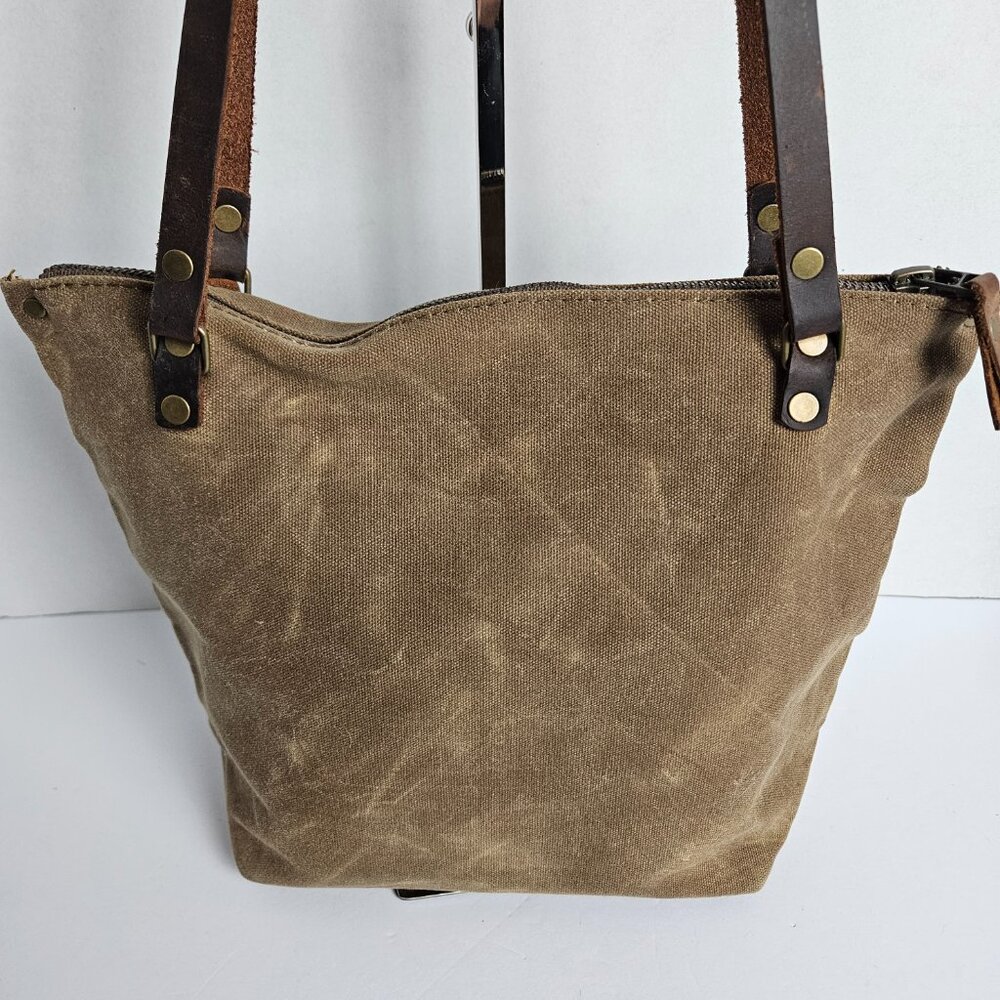 Canvas Shoulder Bag In Blue Waxed Canvas Farmers Market Tote Shoulder Bag - Picture 3 of 16